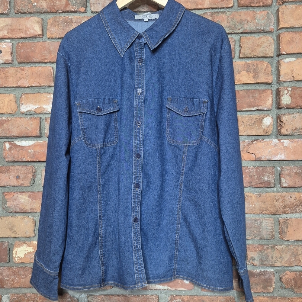 AE Sport & Co Jeans Denim Western Shirt Stretch Chambray Button Front Utility To